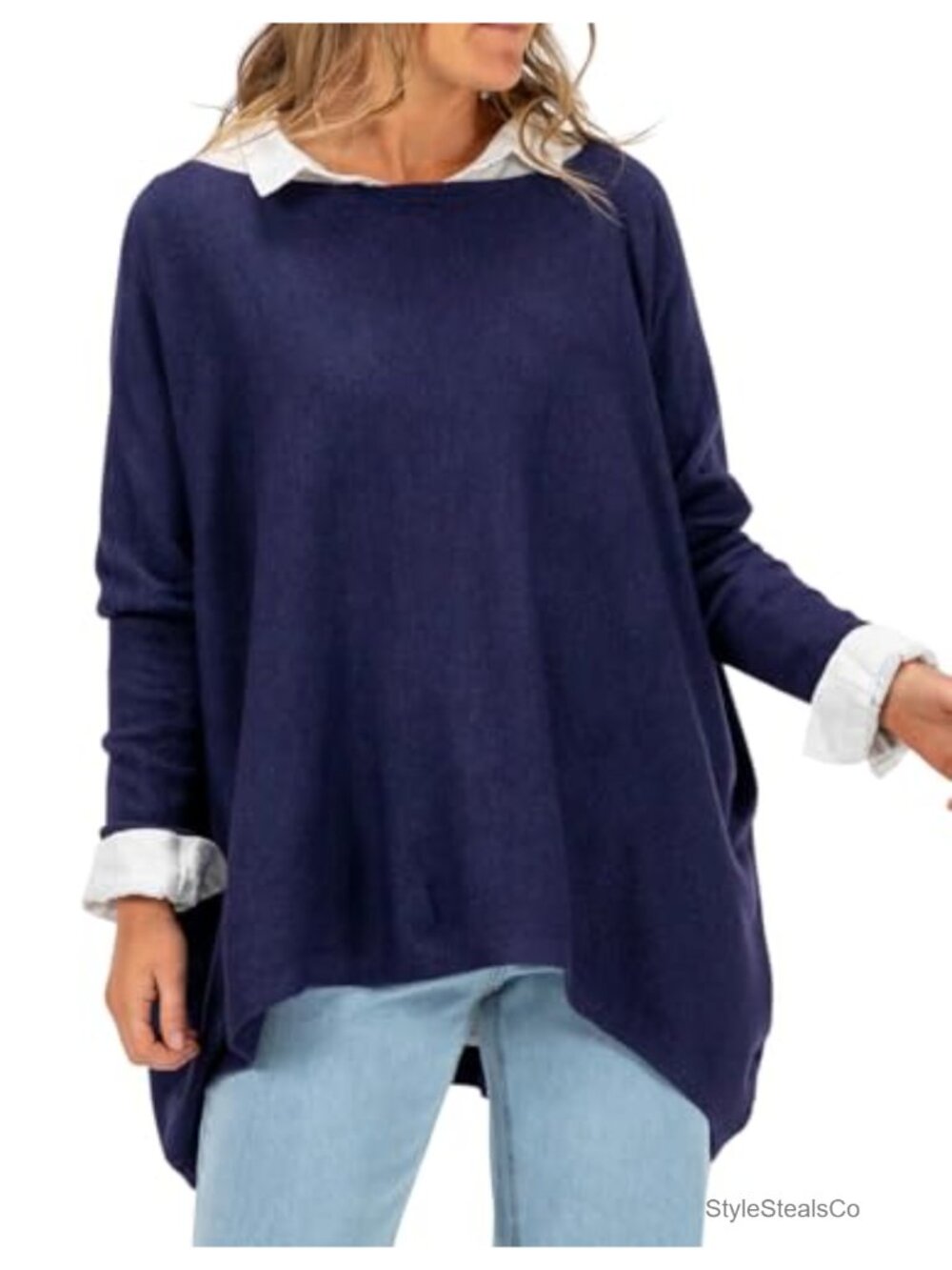 Cotton Spandex Boat Neck Long Sleeve Sweater Tunic Relaxed Fit